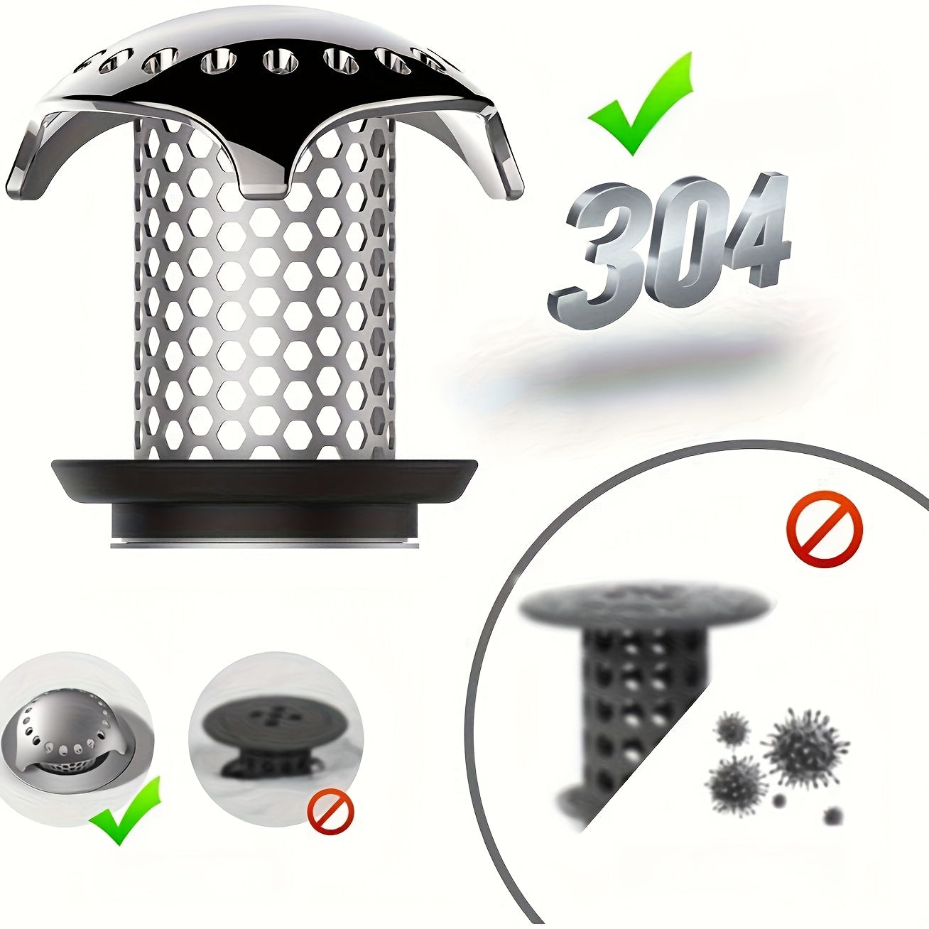304 Stainless Steel Bathtub Drain with Hair Catcher - Rustproof, Durable Hole Design for Efficient Drainage & Clog Prevention, Modern Bathroom Sink/Shower Drain Cover, Modern Metal Finish, High-Quality Surface