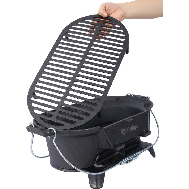 Oval Cast Iron Grill | Portable Charcoal Grill & Tabletop Griddle – 100% Painted Cast Iron, Durable, Small Camping Stove Hot Pot Grill