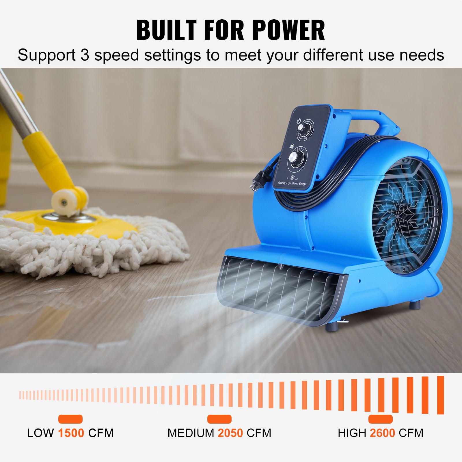 VEVOR Floor Blower, 1/2 HP, 2600 CFM Air Mover for Drying and Cooling, Portable Carpet Dryer Fan with 4 Blowing Angles and Time Function, for Janitorial, Home, Commercial, Industrial Use, ETL Listed