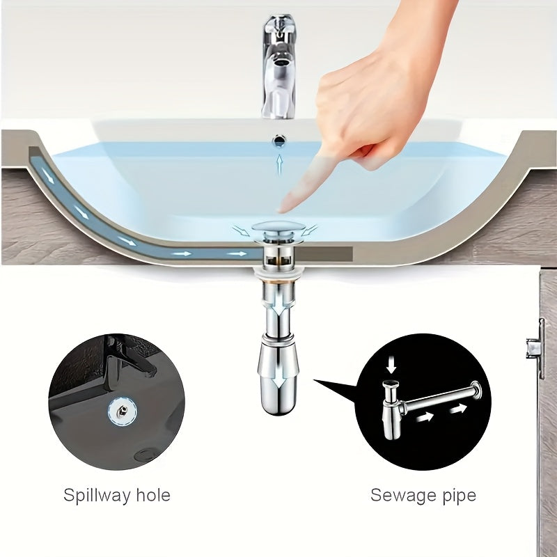 1-Piece Stainless Steel Pop-Up Sink Drain - Push-to-Close, Odor-Proof Bathroom Glass Basin Drainer, Washbasin Waste Fitting