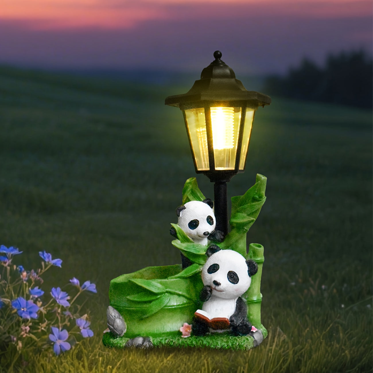 One-Piece Courtyard Creative Chinese Panda Outdoor Solar Light Statue Decoration, Animal Sculpture and Flower Pot Dual-Use, Multi-Functional Villa Night View Lighting, Balcony Living Room Garden Home Decorative Light, Friend Gift