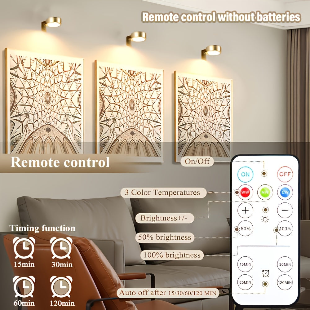 Gold/Black Wall Spotlight Fixture, Battery Operated (Batteries Not Included), Remote and Touch Control, LED Display Light, 3-Color Temperature Adjustable and Timer Picture Light, for Framed Art Portraits, Home Wall Decoration Display Light