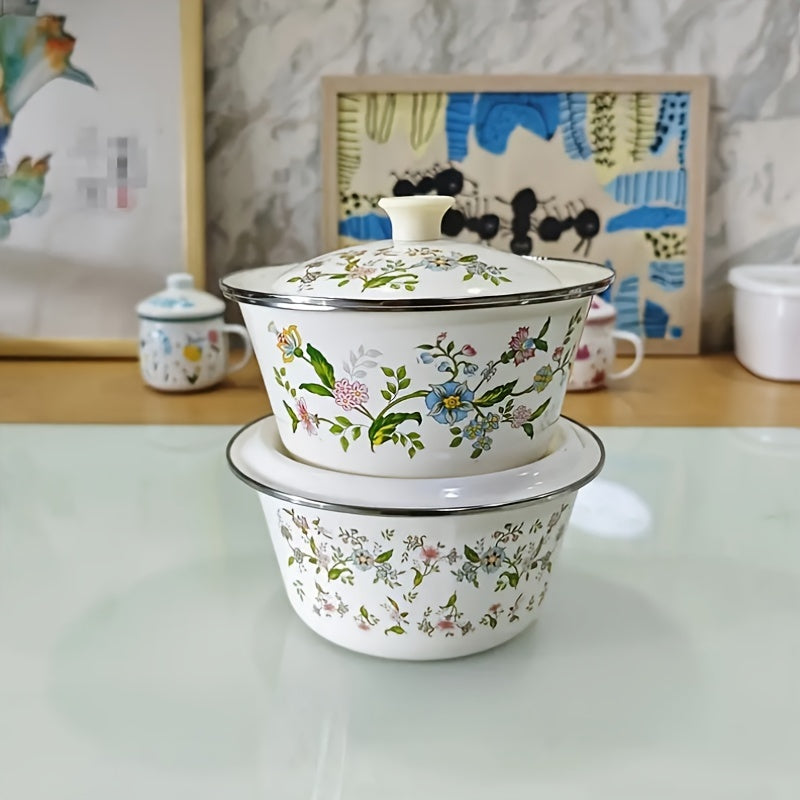 Multifunctional Enamel Thick Soup Bowl with Lid, Floral Pattern – Scratch-Resistant & Durable – Perfect for Home Cooking & Catering – Dishwasher Safe, Permanent Kitchen Essential