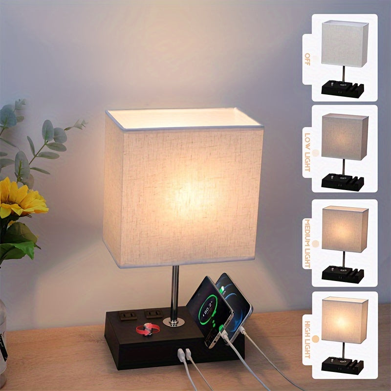 Dimmable table lamp bedroom dual USB port bedside lamp for nightstand counter lamp with charging station, 2 power outlets, fabric lampshade, LED bulb