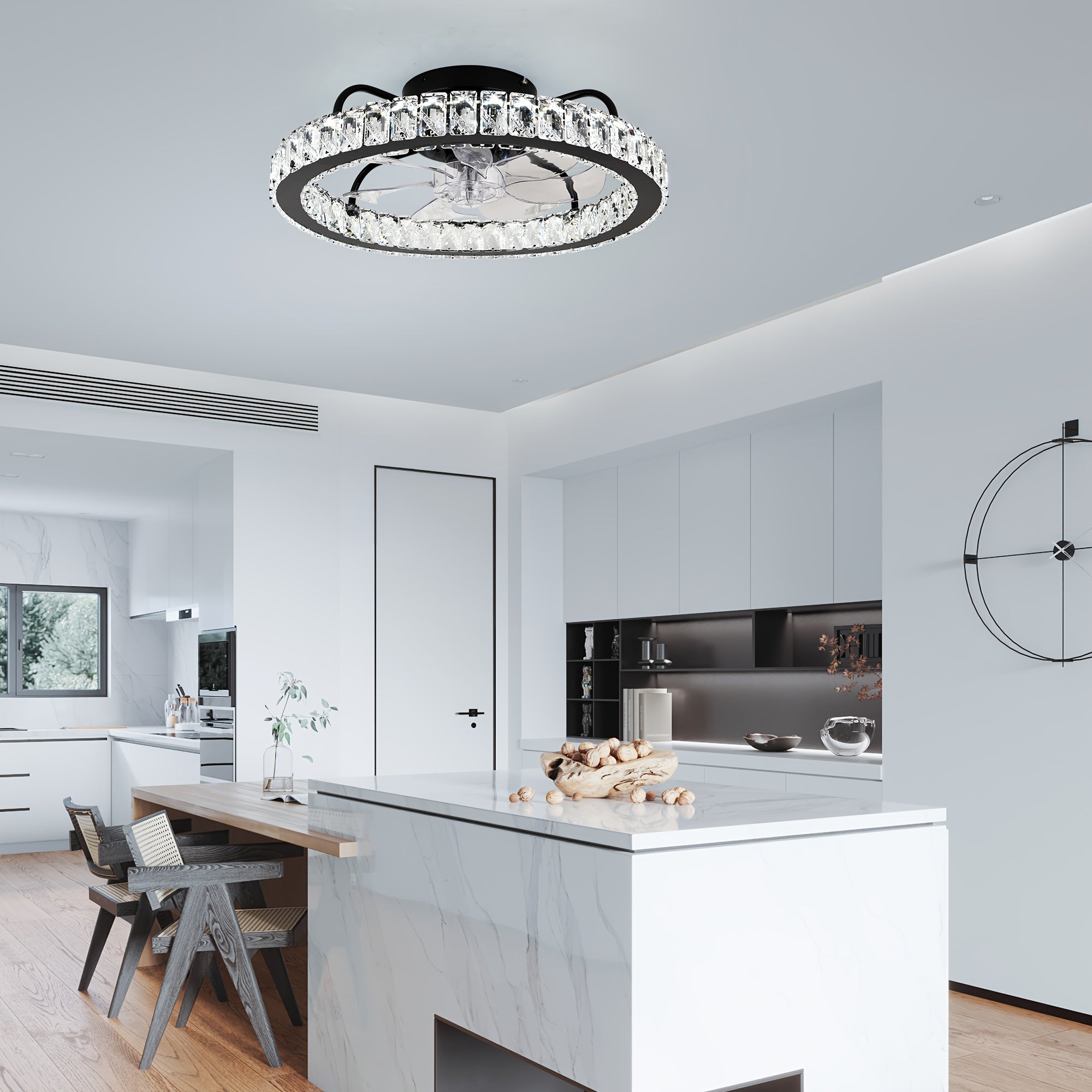 Ganeed Modern Dimmable LED Crystal Ceiling Fan Light, 19.69 Inch Black Round Ceiling Fan with Light and Remote, Bladeless Semi Flush Mount Indoor Fan Fixture for Living Room Kitchen Bedroom