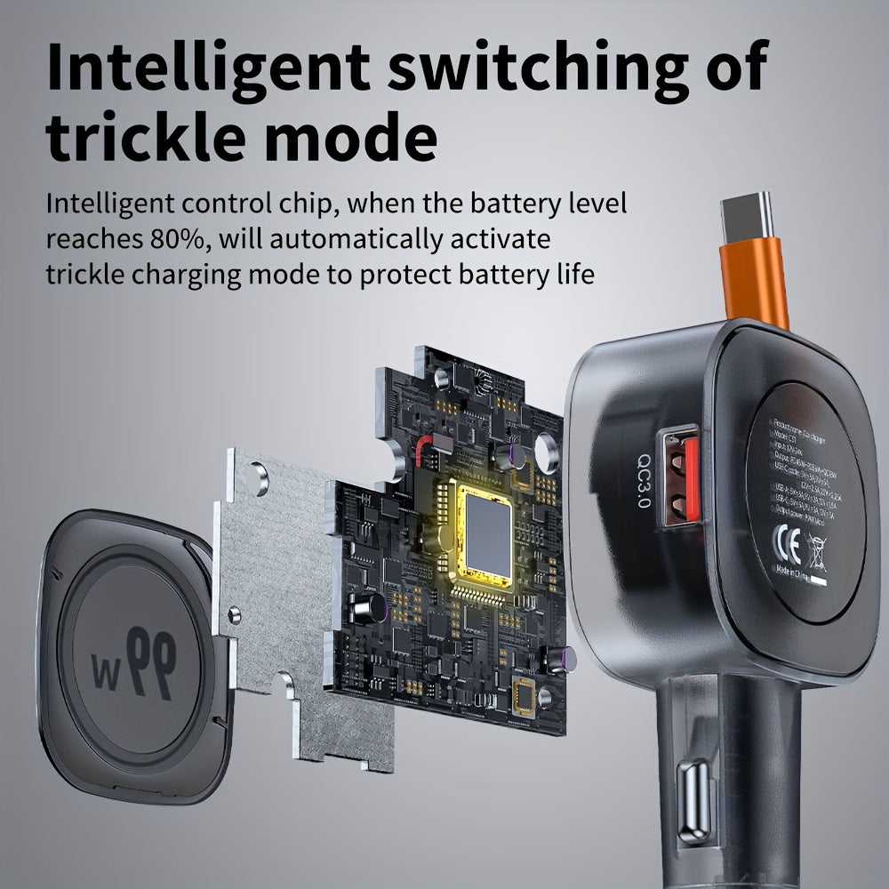 99W Car Charger with 45W Retractable Line Fast Charging, Supporting QC3.0, Suitable for 12-24V-vehicle Car Devices Fast Charger.