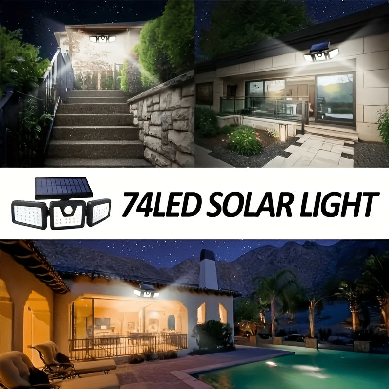 3-Head Solar Powered Triple Head Independent Wall Light - Outdoor Sensor! Yard Lighting. 3 Adjustable LED Heads Motion Activated, Dusk to Dawn Automatic ON/OFF. Emergency Lighting Mode, Energy Saving, Easy Installation