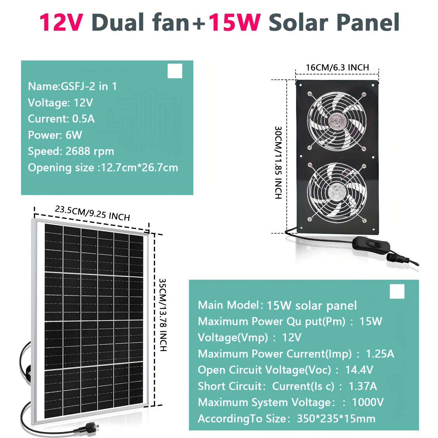 Solar Exhaust Fan, 25W Solar Panel with 4 Sets High-Speed Brushless DC Fans and 15W Solar Panel with 2 Sets High-Speed Brushless DC Fans, Suitable for Ventilation of Greenhouse, Attic and Dog House