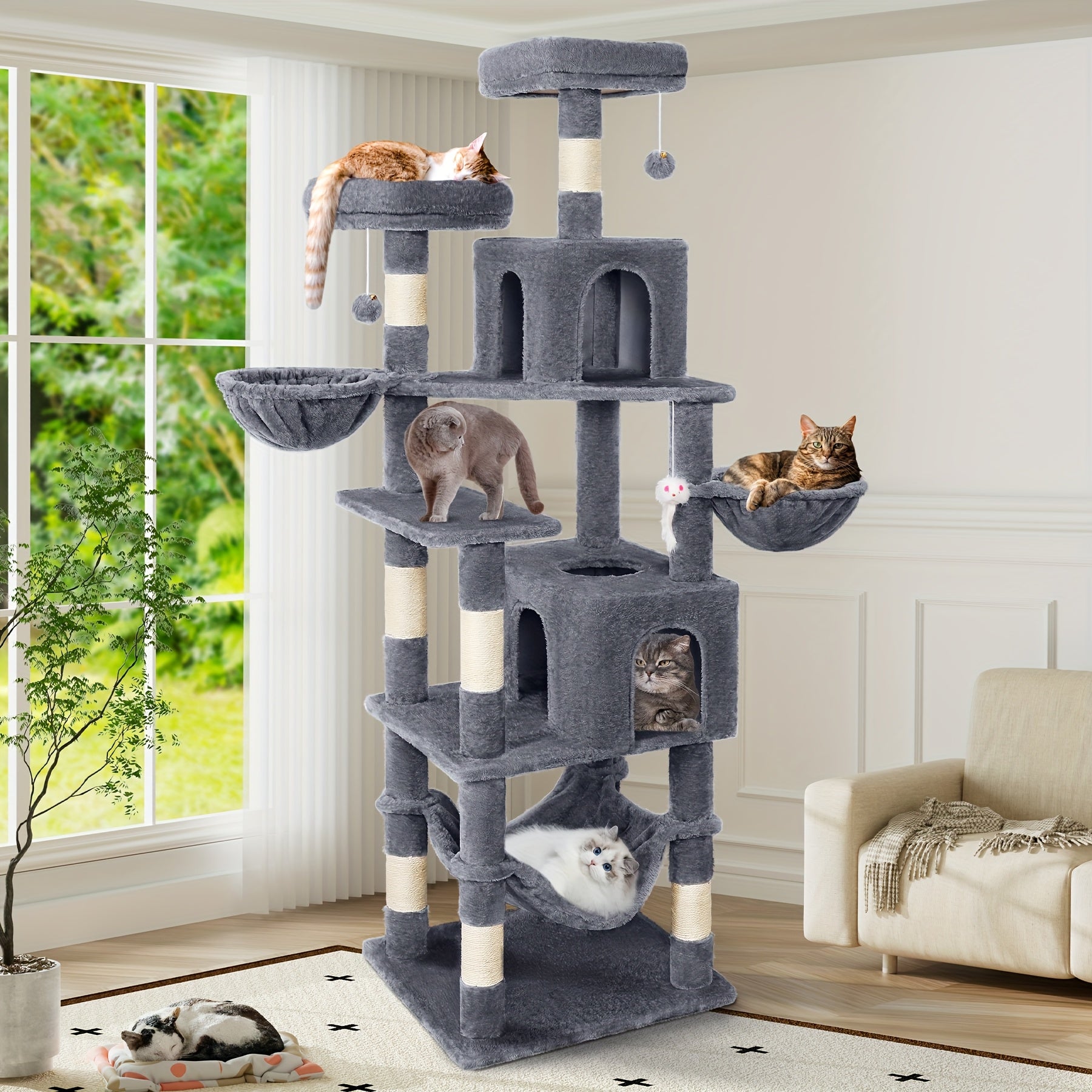 AMHANCIBLE 71/84 英寸猫树，适用于大型猫咪的猫树塔，带猫抓柱、栖息处、猫屋、悬挂玩具、猫树塔，弹簧