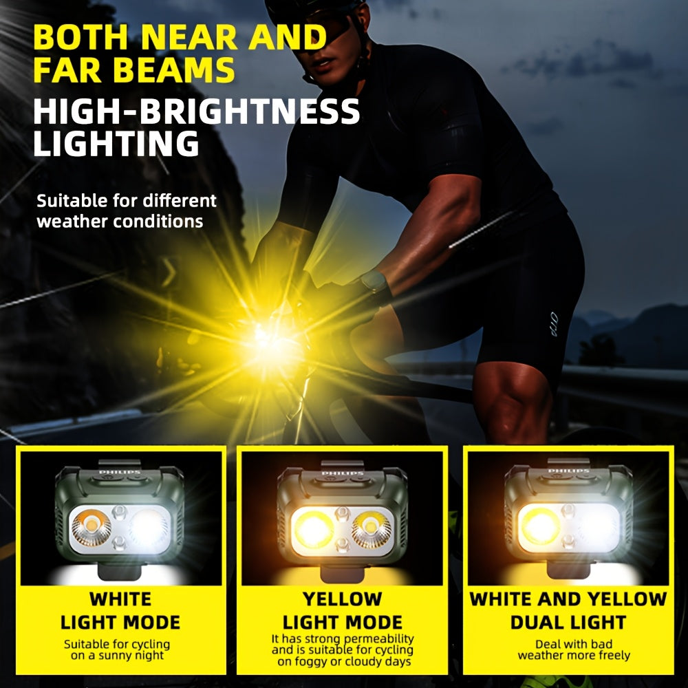 1P Philips Bike Headlight & Camping Light, Warm White Dual Light Modes, Multi-Level Dimming, Smart Motion Sensor, Wave Activated On/Off, Red & Blue Warning Light Function, Large Capacity Battery Long Endurance