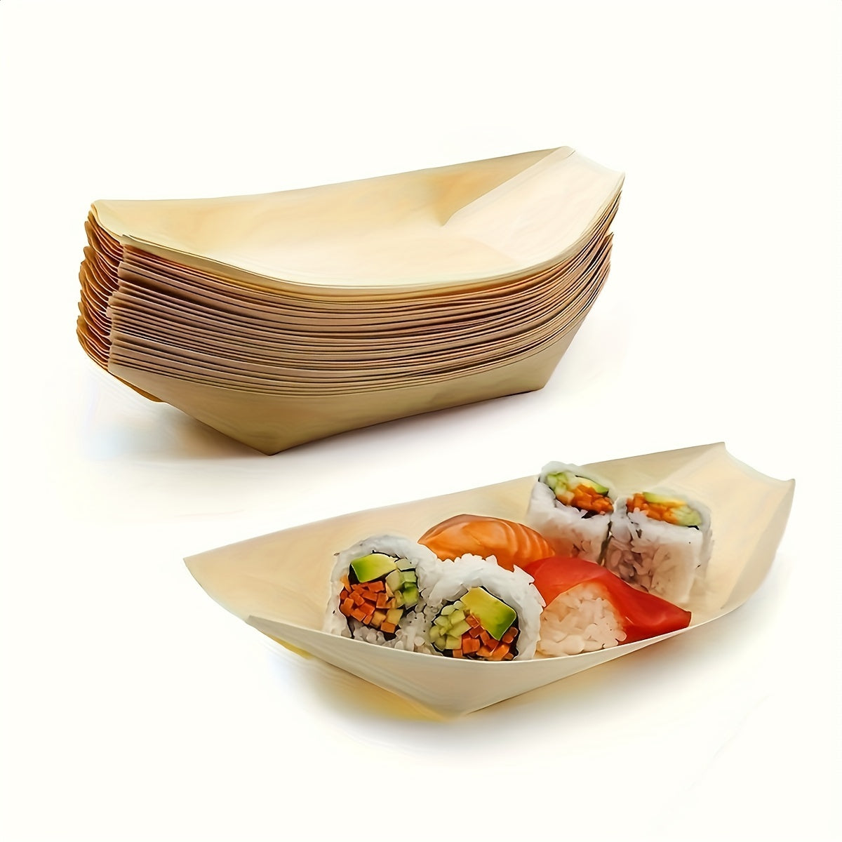 50 Disposable Wooden Plates, Picnic & Camping Food Box, Wooden Boat Sauce Dish – Stronger Than Bamboo, Bowls for Parties, Restaurants, Catering