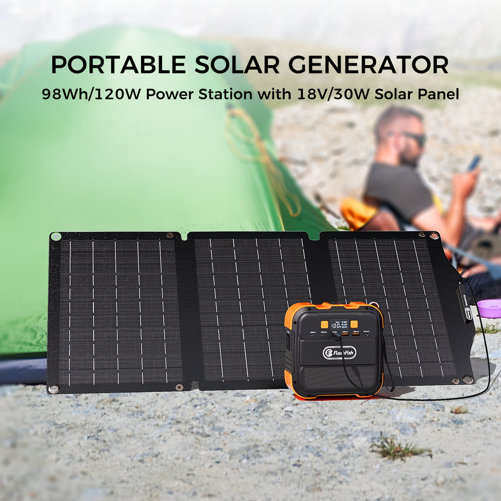 可攜式電源站 120W/150W/200W 峰值 露營太陽能發電機 98/166/172.8Wh 電源供電器，含 30/60W 太陽能板，具備 110V AC 插座和多重輸出 LED 手電筒，適用於 CPAP 家用露營 颶風 緊急情況 聖誕禮物