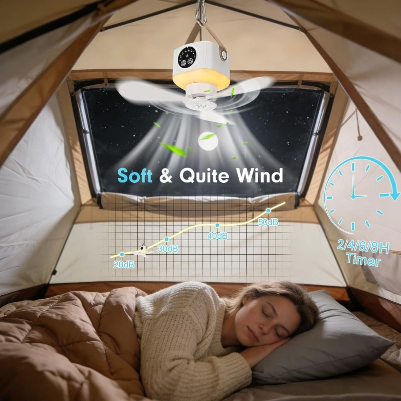 Outdoor Portable USB Rechargeable Camping Fan with LED Lantern, 3 Speed Levels, 8 Hours Timer, Remote Control, Hanging Mini Fan, Essential for Tent RV Camper Home Office Hiking Travel, Camping Gear Emergency Kit