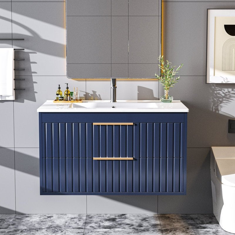 Bathroom Vanity with Sink - Wall Mount Floating Basin Cabinet, Soft-Close 2 Large Drawers, Modern Textured Stripe Design, Hidden Damping Drawers