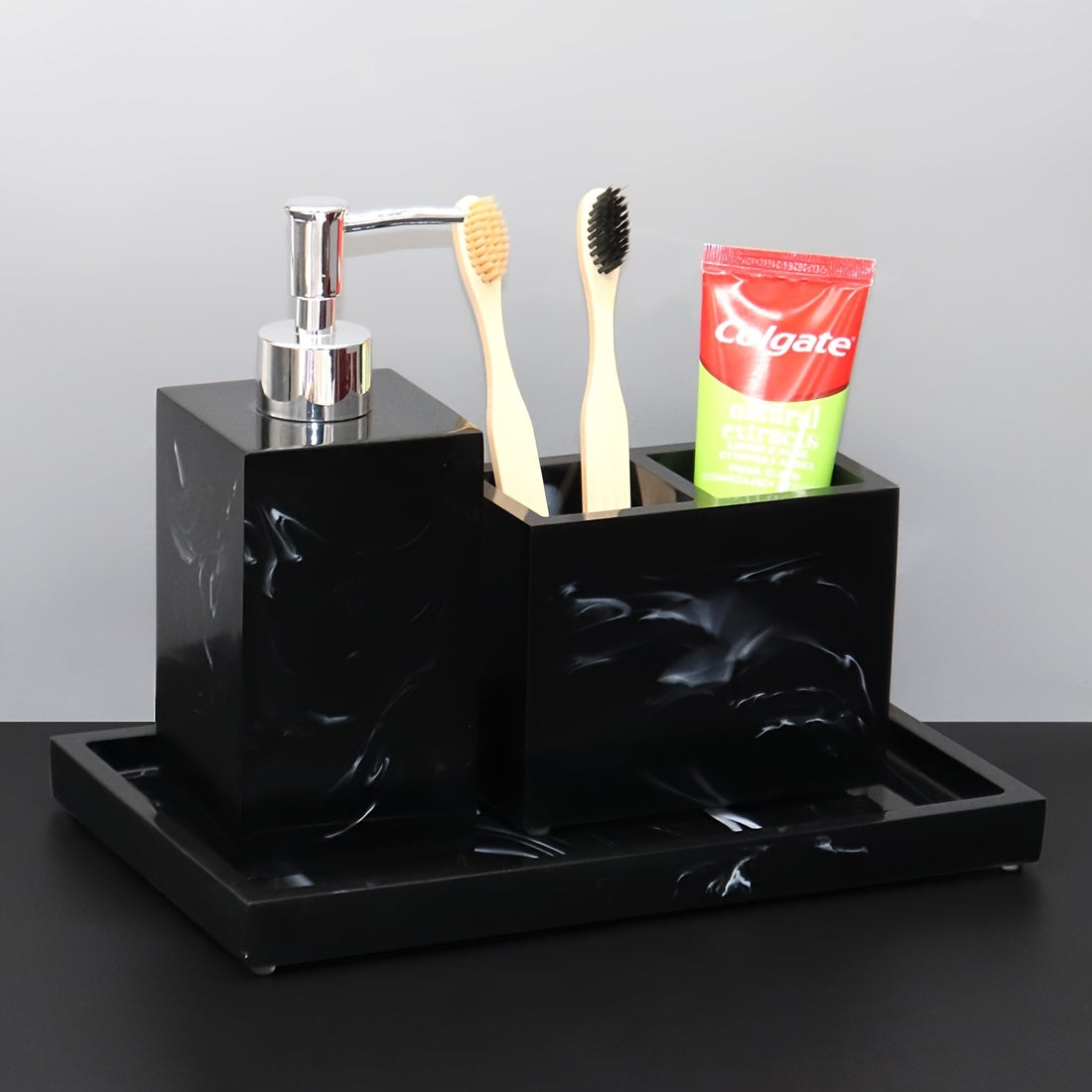 3-Piece Marble Grain Sandstone Finish Soap Dispenser & Toothbrush Holder Countertop Tray - Home Bathroom Apartment Decor Accessories, Soap Bottle Set