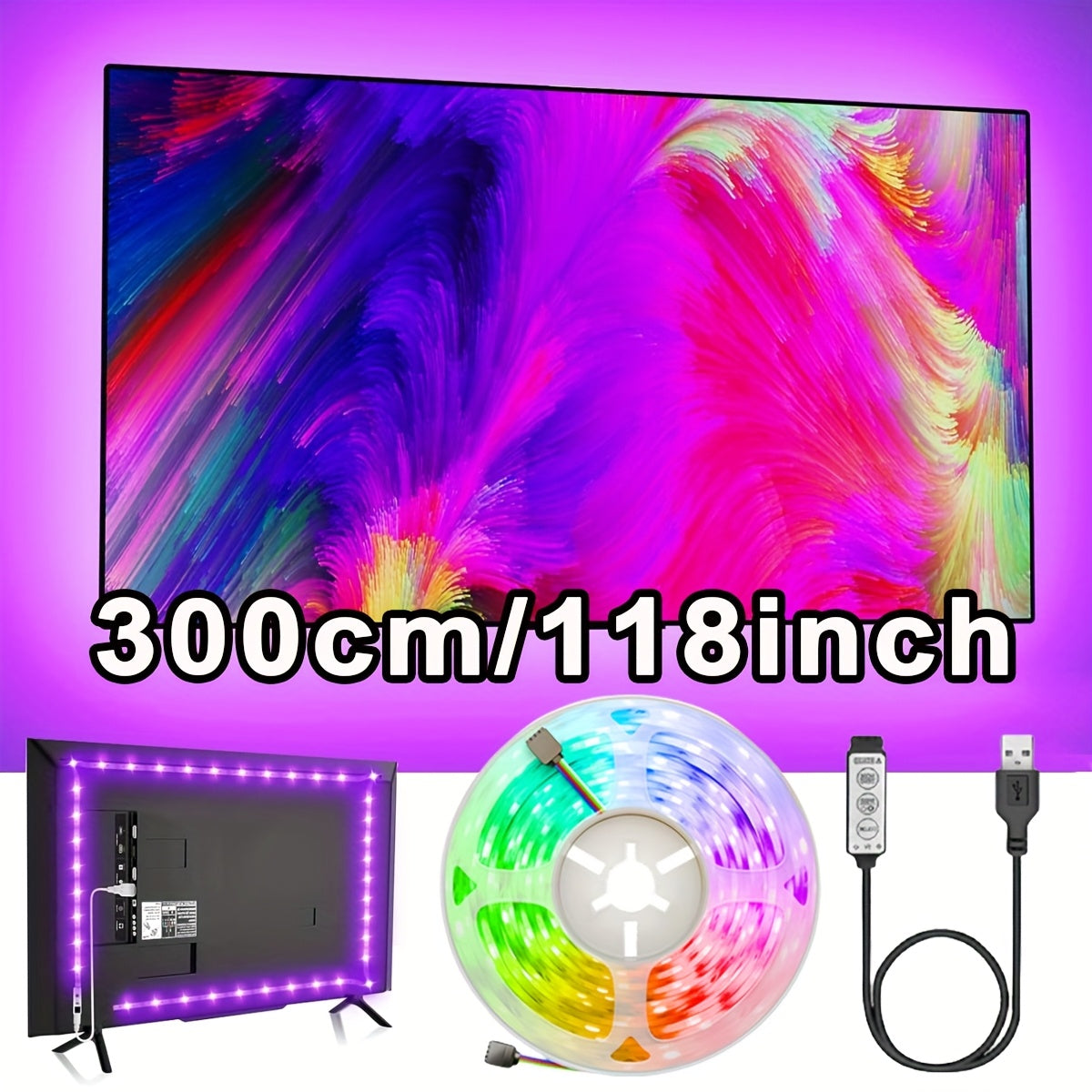 1个LED电视背光灯条，尺寸可选39英寸、118英寸和196.85英寸。这款USB LED灯条专为电视和显示器背光设计。