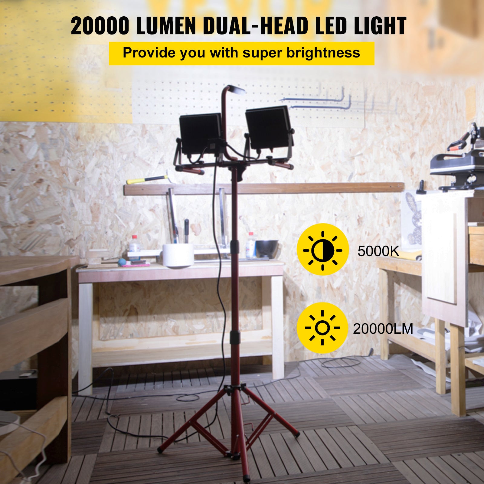 VEVOR LED work light with stand, 1/2 pieces, 5000lm/10000/20000 lumens dual-head LED work light, 27.6“-68.1” adjustable foldable tripod, IP65 waterproof LED tripod work light, 5000 Kelvin color temperature