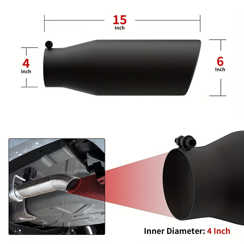 Richeer Exhaust Tip, 4 to 8 Inch Size, Features 4 Inch Inlet and 8 Inch Outlet, Overall Length 15 Inches. Made of Stainless Steel with Black Powder Coated Finish