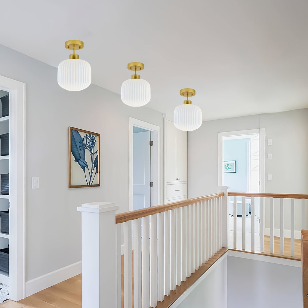 Vintage semi-flush mount ceiling light, lighting milk glass ceiling light fixture, gold and white flush mount ceiling light brass globe ceiling light frosted glass semi-flush ceiling, suitable for farmhouse, kitchen island, hallway