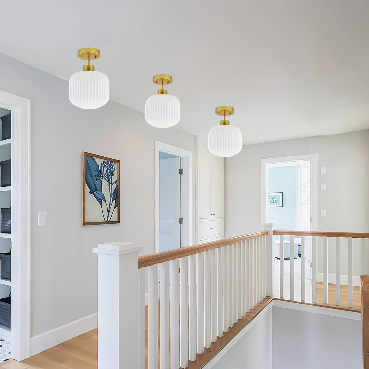 Vintage semi-flush mount ceiling light, lighting milk glass ceiling light fixture, gold and white flush mount ceiling light brass globe ceiling light frosted glass semi-flush ceiling, suitable for farmhouse, kitchen island, hallway