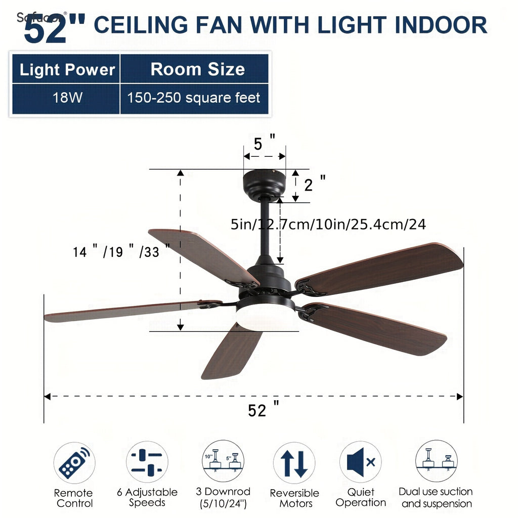 Sofucor 52" Ceiling Fan with Light & Remote, 6 Speeds, 3-Color LED, Timing, Low Profile, Noiseless Reversible DC Motor, for Bedroom, Living Room, Patio (3 Downrods Included)