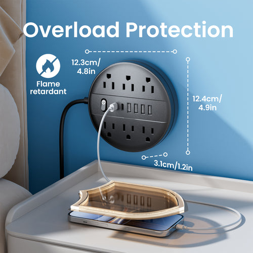 1pc 12-in-1 Multi-functional Power Socket With Surge Protector, 6 AC Outlets, 4 USB Outlets And 2 Type-c Ports. Wall-mountable Power Extension. Portable And Compact Design. Suitable For Home, Office And School. In White And Black.