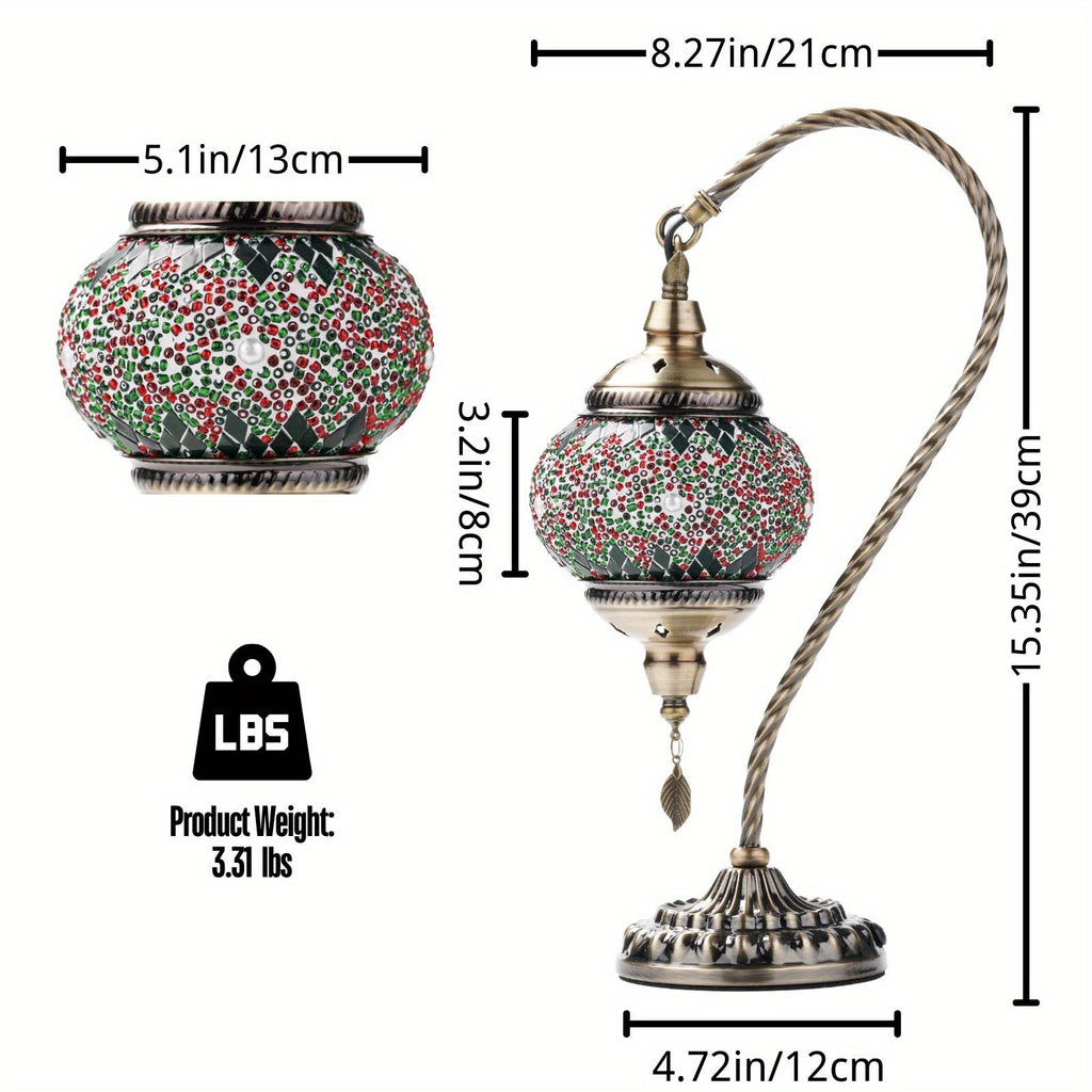 Turkish mosaic table lamp, Moroccan style metal base three-color handmade swan neck mosaic glass bedside lamp, suitable for bedroom and living room (bulb included)
