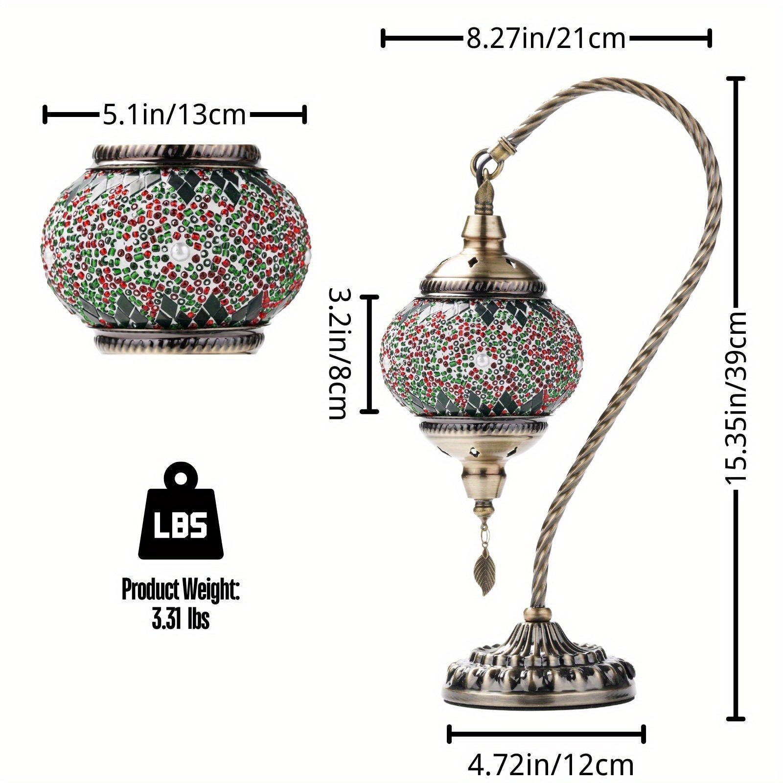 Turkish mosaic table lamp, Moroccan style metal base three-color handmade swan neck mosaic glass bedside lamp, suitable for bedroom and living room (bulb included)