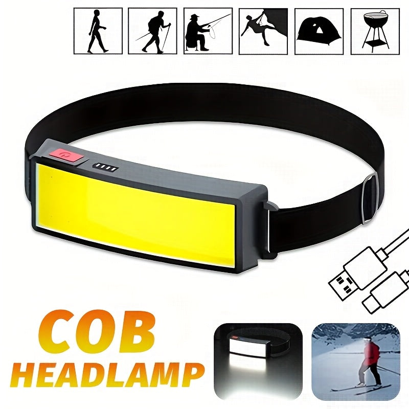 1Pc Bright COB LED Headlamp, 3 Modes Head Light, USB Rechargeable Hands-Free Flashlight, Portable Head Mounted Searchlight, Angle Adjustable, Ideal for Hiking Fishing Camping Adventure Home Emergency Lighting