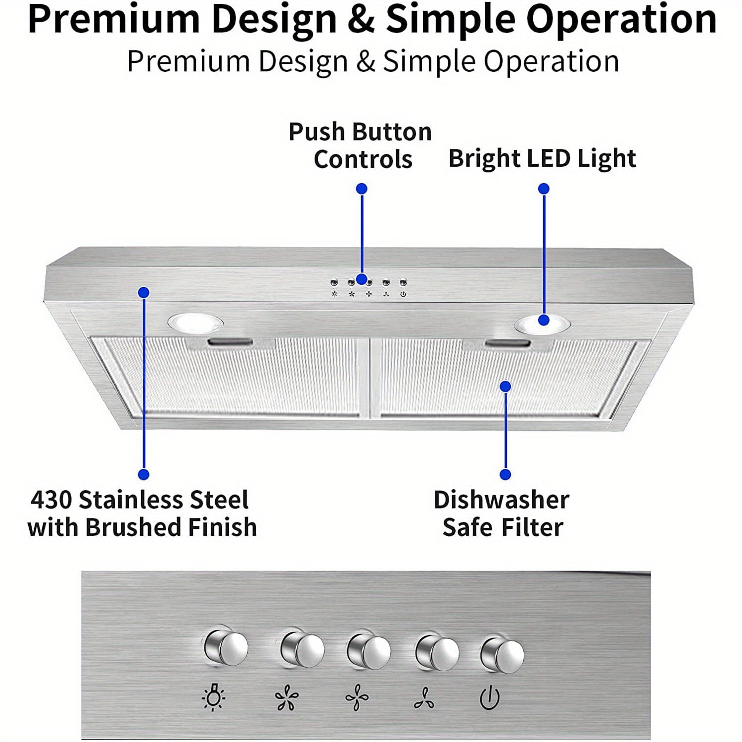 30-Inch Under-Cabinet Range Hood, Silver Stainless Steel Kitchen Vent Hood, 600CFM Stove Exhaust Fan, 3-Speed Fan, 2 Bright LED Lights