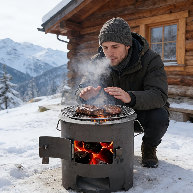 1-Piece Small Outdoor Portable Fire Pit Stove, BBQ Enclosure Fireplace, Multi-Functional Charcoal Stove, Camping Wild Cooking Wood Burning Stove, Tea Boiling, Heating, BBQ & Rice Cooking