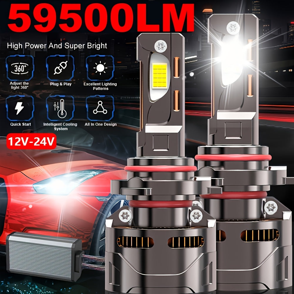 2pcs59500LM LED Head Light Bulbs, 9005/HB3 9006/HB4 H11/H9/H8 H4/9003/HB2 H7 H1 9012-QD047, Super Bright, 9570 CSP Chip, 7500K White, Hi/Lo Beam, Canbus NO Error, Aluminum Material, 12-24V, with Easy Installation, for Motor Vehicles, Without Battery