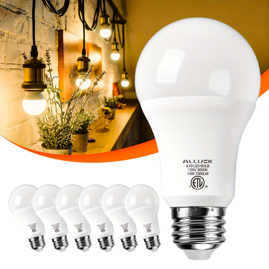 ALLUCK A19 LED 灯泡 6 件装，14W 1500LM（100W 等效），E26 底座，可选色温（3000K 暖白/5000K 日光/6500K 冷色），CRI 85+，无闪烁，持久，护眼，不可调光 家庭、办公室和商业用途，暖色环境照明