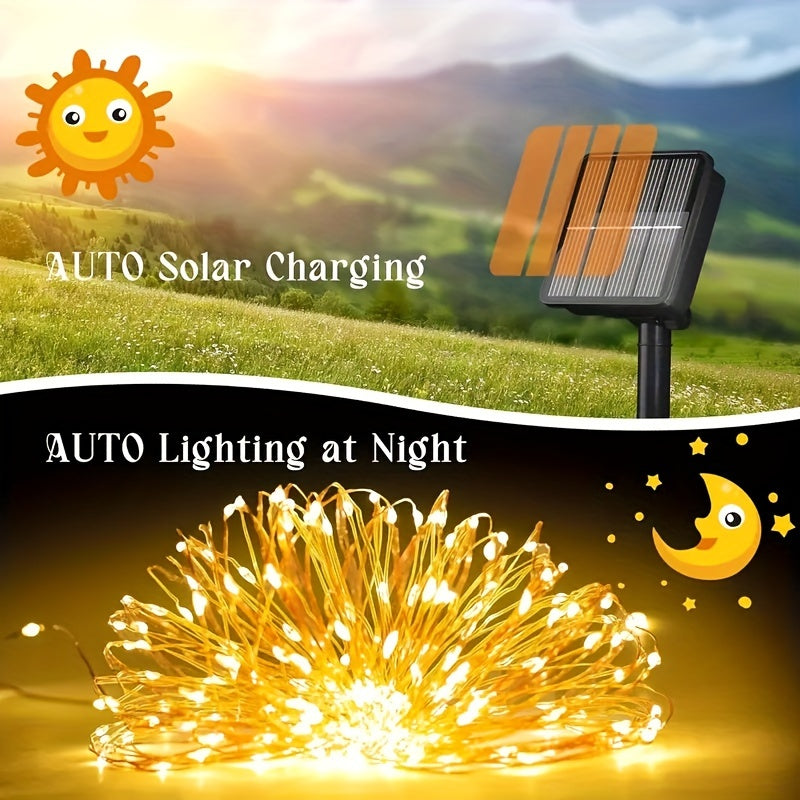 2个装 104英尺 (300LED) 太阳能户外灯，户外太阳能灯串，铜线 8种图案 太阳能童话灯 庭院 树木 圣诞派对 婚礼 (暖白/冷白/多色)