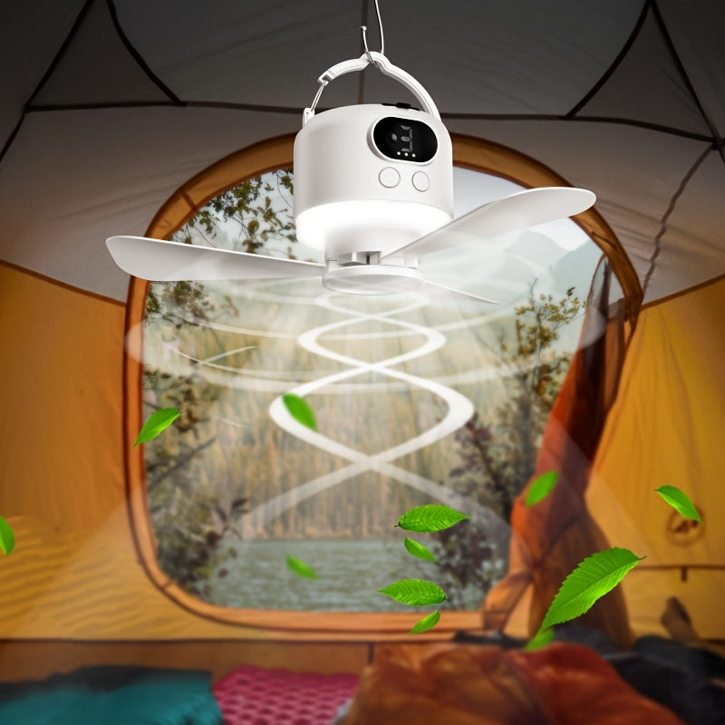 New Multifunctional USB Rechargeable Outdoor Camping Fan, Must-Have for Beach Camping, Universal Silent Remote Small Ceiling Fan for Dorm & Mosquito Net, 3-Speed & 3-Level Light Smart Fan Light, Tent Cooling Fan