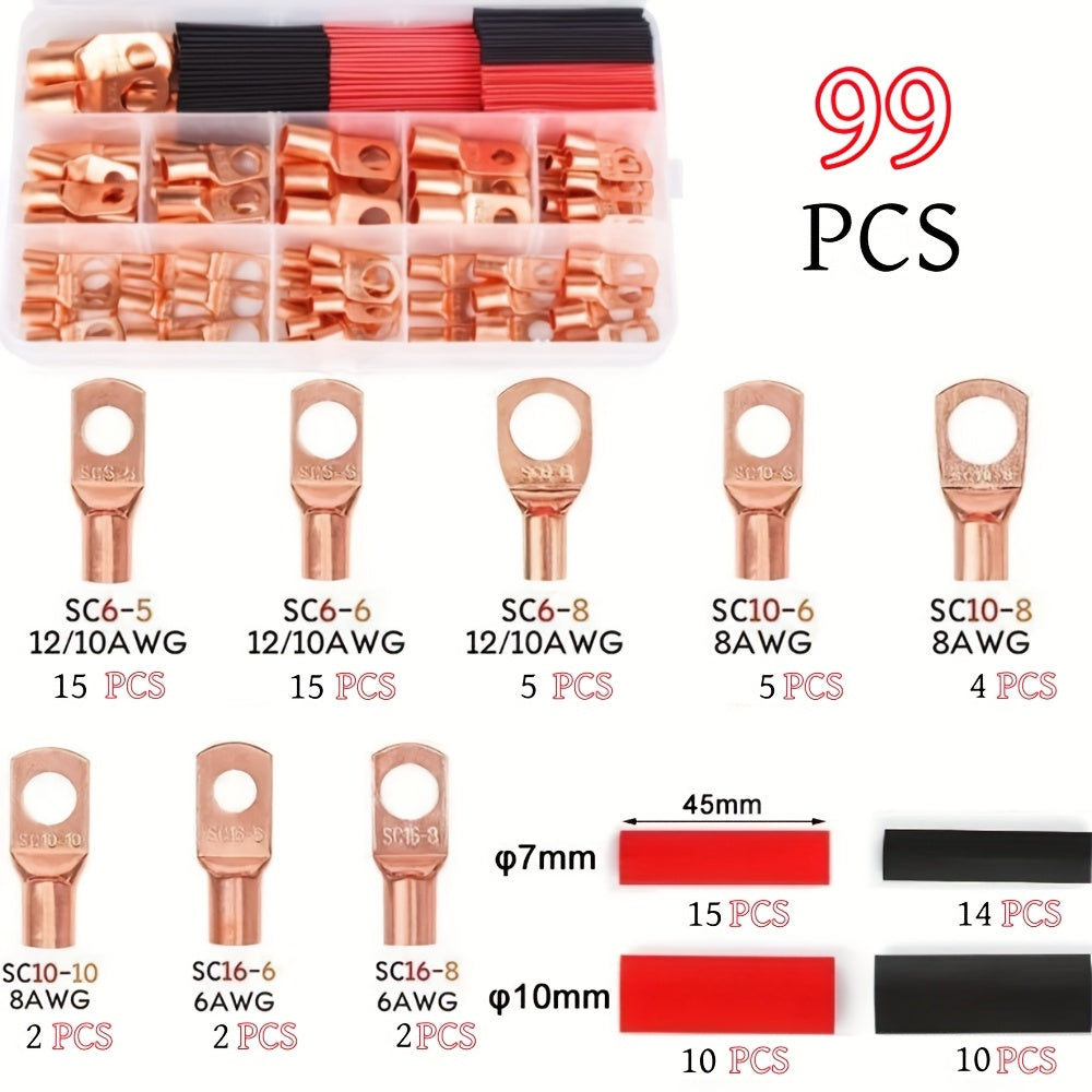 99/199-Piece AWG 6, 8, 10 & 12 Gauge Wire Terminal Set with Heat Shrink Tubing – Battery Cable Ends & Ring Terminal Connectors for Marine, Automotive, Cable & Electrical Applications
