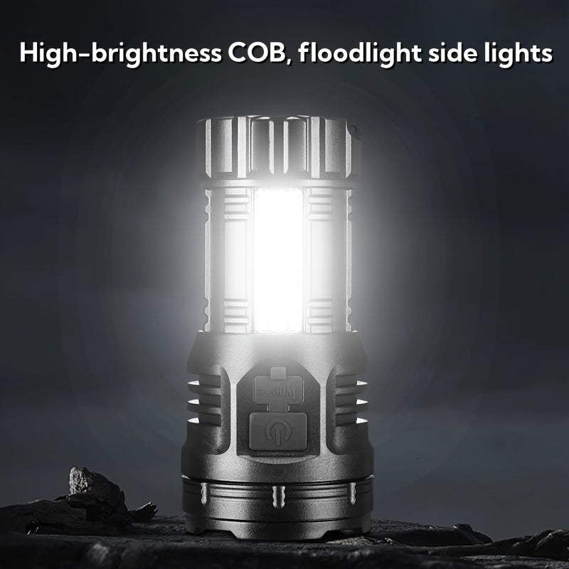 1PC 2025 New Rechargeable 9-LED Flashlight with COB Side Light, USB Power Supply, 1800mAh Lithium Battery, Standard Functions Including USB Cable, Portable Emergency Spotlight for Outdoor Use