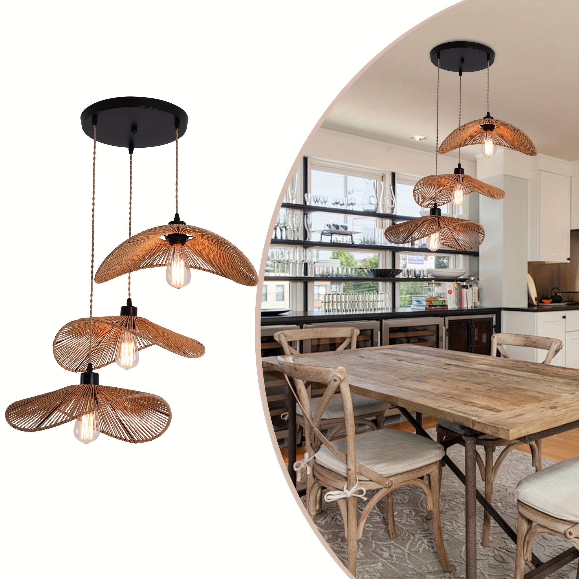 Enkerr three-light hand-woven bamboo rattan pendant light - modern bohemian style height-adjustable hanging lamp, natural wood grain finish, E26 base (bulb not included), dimmer compatible, suitable for farmhouse, bedroom, living room