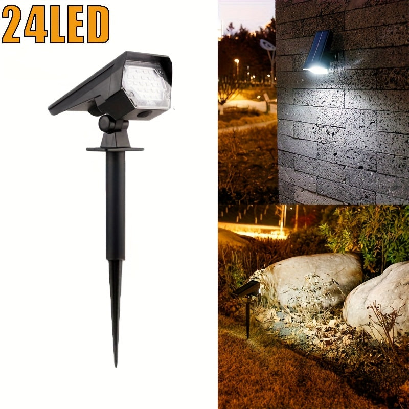 1个24颗LED太阳能户外泛光灯，地插草坪灯，双用途庭院别墅照明灯，白色/暖光适用于庭院、花园、公园