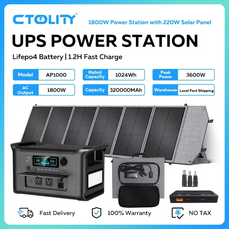 Ctolity 110W 太陽能板 (單體販售), 2400W/ 1800W/ 500W (峰值 4800W/ 3600W/1000W) 可攜式電源站, 2048Wh/ 1024Wh/ 345Wh LifePO4 電池, 400W/ 200W/ 100W 太陽能板可用於直接充電手機、筆記型電腦, UPS 功能