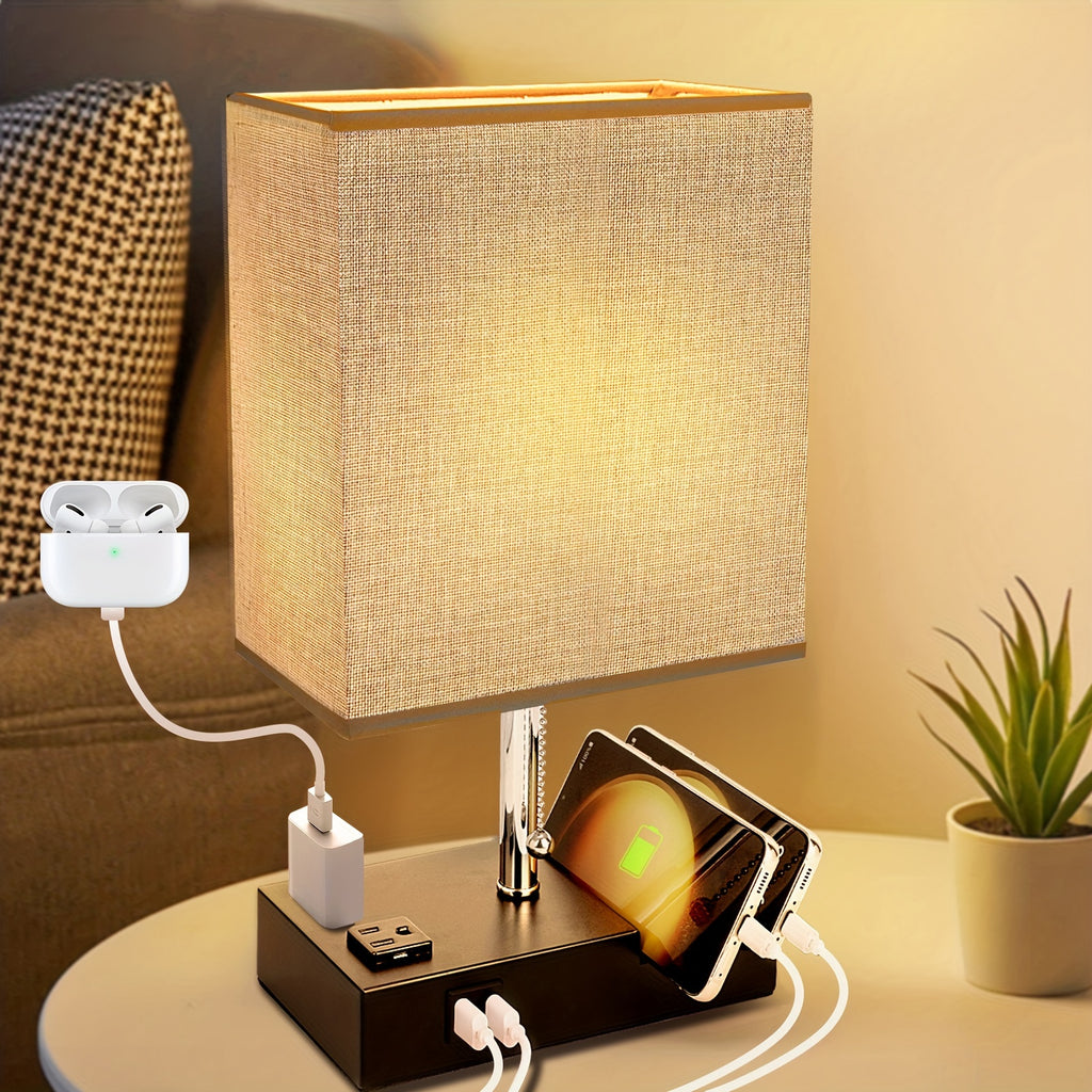 Large fabric table lamp, US standard, dual USB with AC 3-pin and 2-pin plug, with phone stand, with 3-color bulb