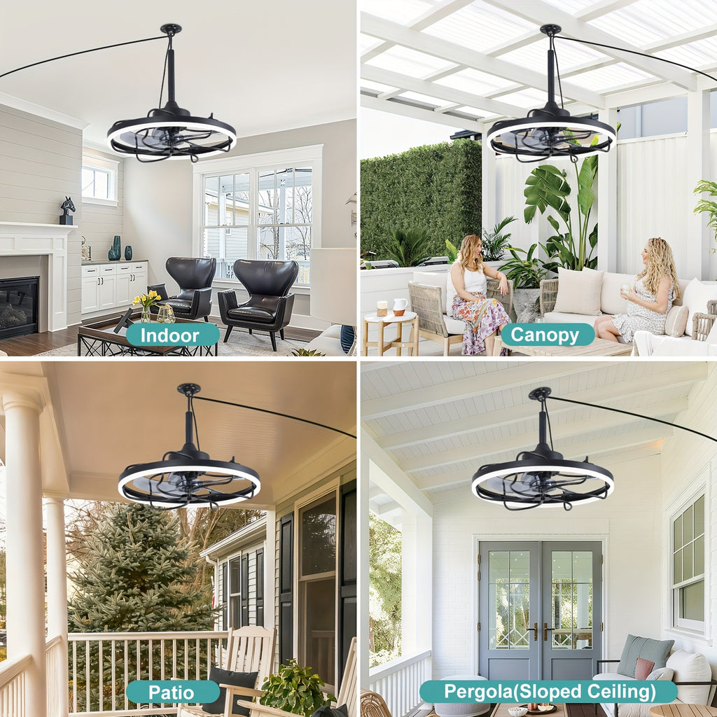 20 Inch Outdoor Ceiling Fan with Light, Waterproof Gazebo Fan with Lighting, Hanging Outdoor Fan with Remote & Protective Cover, 6 Speed Adjustable Black Fan for Patio, Pergola, Porch, Canopy