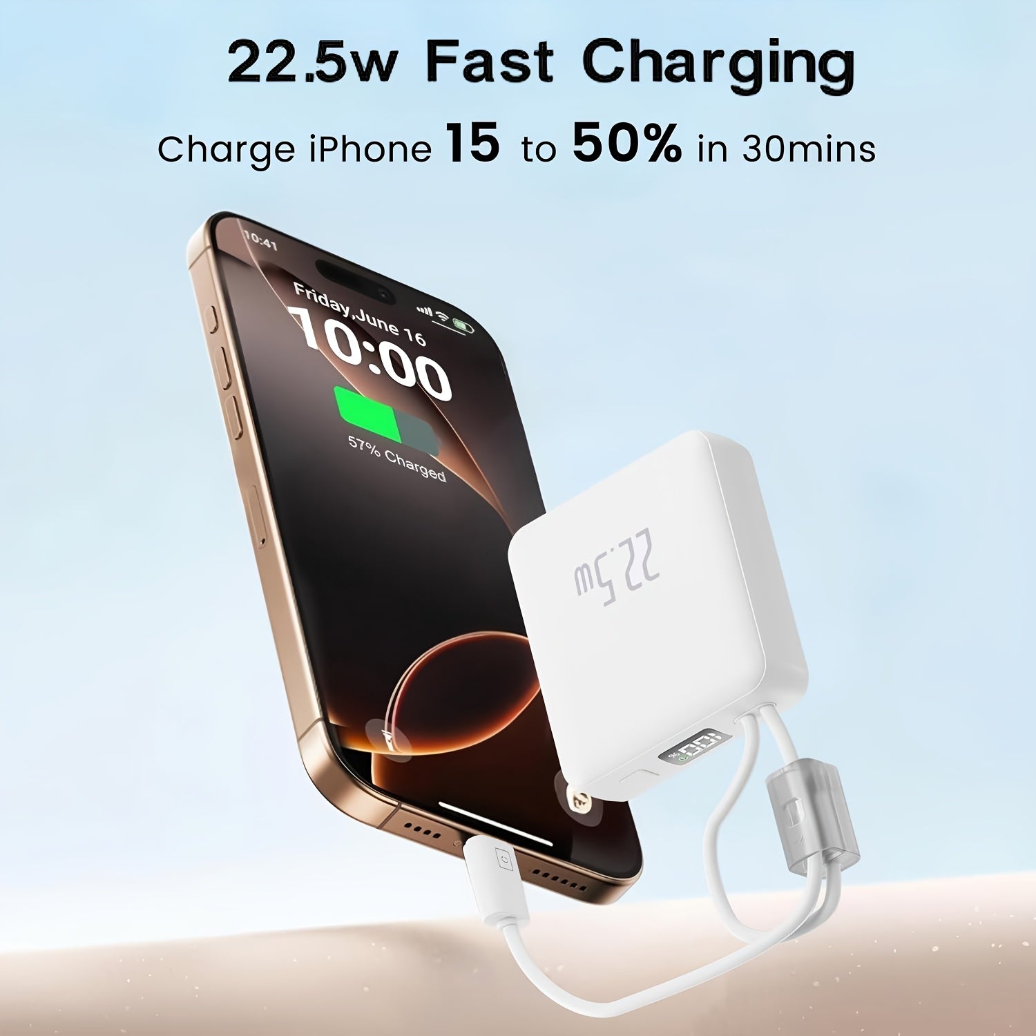 22.5W Super Fast Charging Power Bank with Built-in Cable & Lanyard - 10000mAh Ultra-Thin & Compact, LED Digital Display, USB-C Port, Essential for Travel, Christmas Gift, Compatible with iPhone, Android & Samsung (Black/White Colors), Onthego