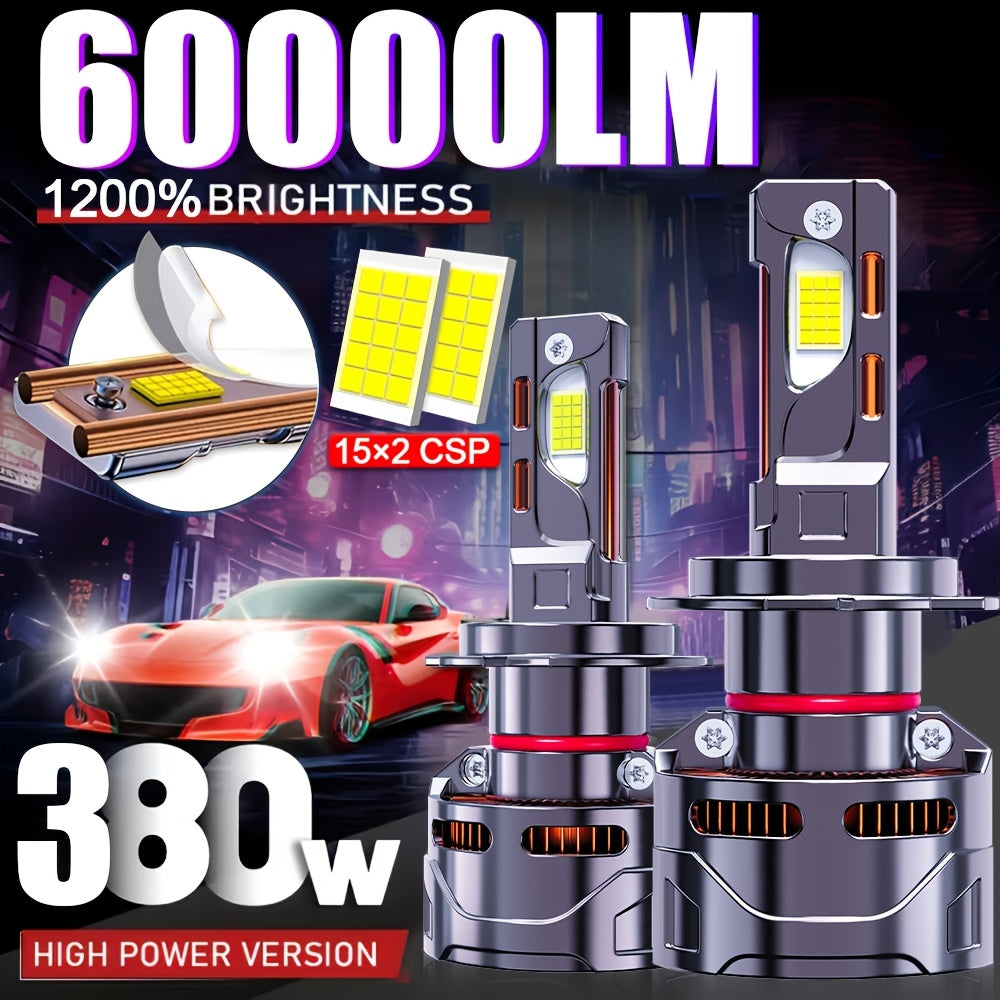 2-Pack Car LED Headlights - 380W, 600,000 Lumens, 1200% Brightness Increase, H1, H4, 9003, HB2, H7, H18, H11, H9, H8, 12V-24V, External Driver, High/Low Beam and Fog Light, Plug-and-Play, No Battery Needed. H11 Car LED Headlights