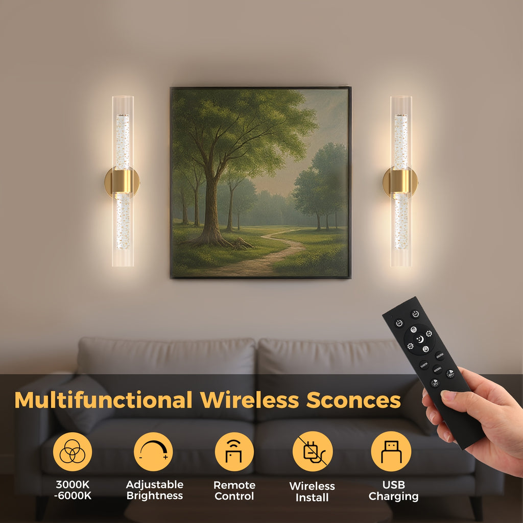 2-Pack Bubble Acrylic Wall Light | 21.7-Inch Long Cylindrical Glass Shade, Rechargeable LED Wall Light with Remote Control, 8000mAh, Dimmable Warm/Cool Dual Color Temperature, Night Light