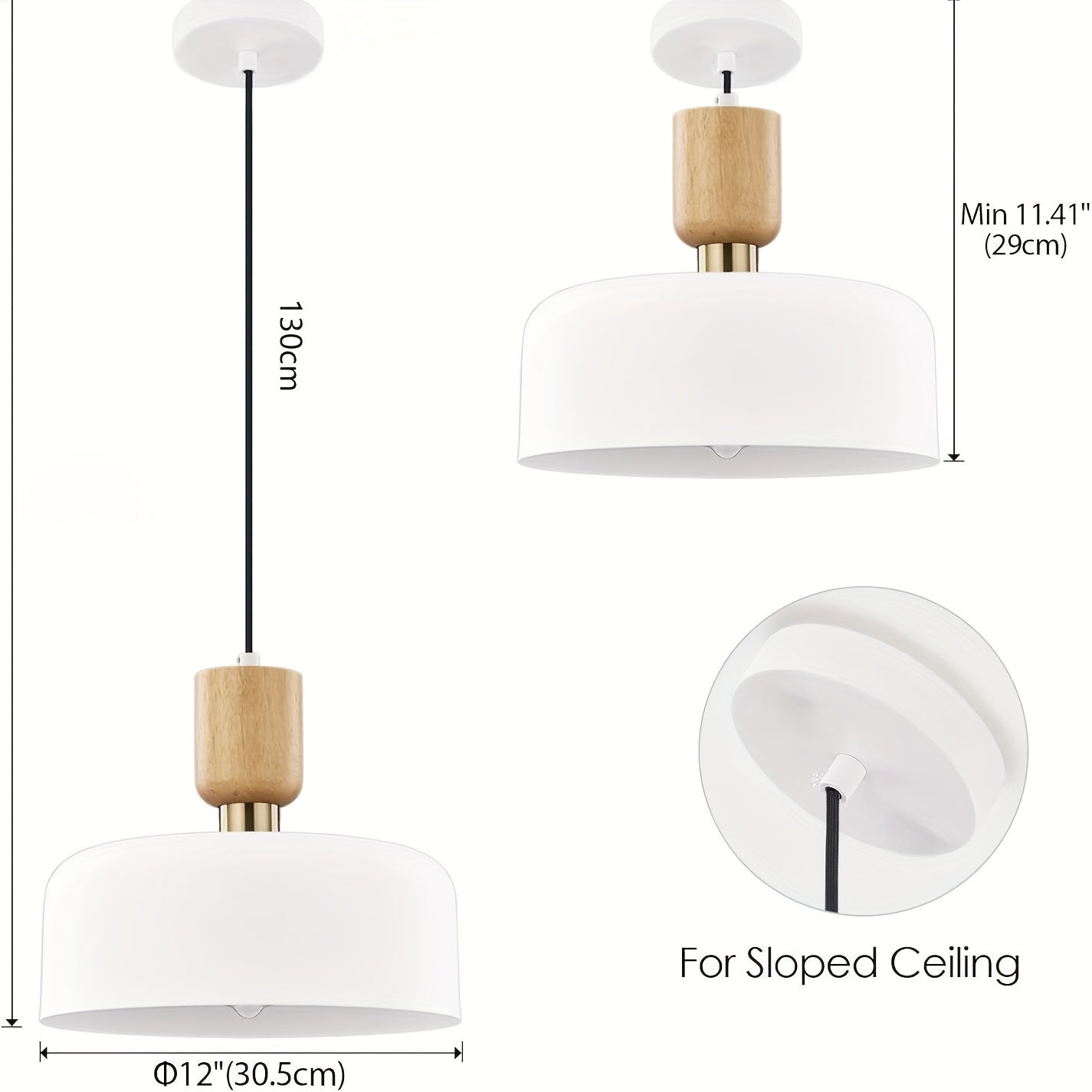 Nordic modern wood metal decorative pendant light - suitable for dining room, kitchen island, sloped ceiling, height adjustable, 12-inch diameter black and white drum lampshade (bulb not included)