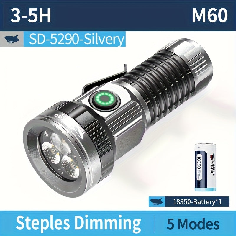 M60+2XPE Flashlight SMILING SHARK Ultra Bright 5 Modes Magnetic Strong Light Stepless Dimming Type-C Charging Metal Clip Pocket Size for Outdoor Camping Hiking Adventure