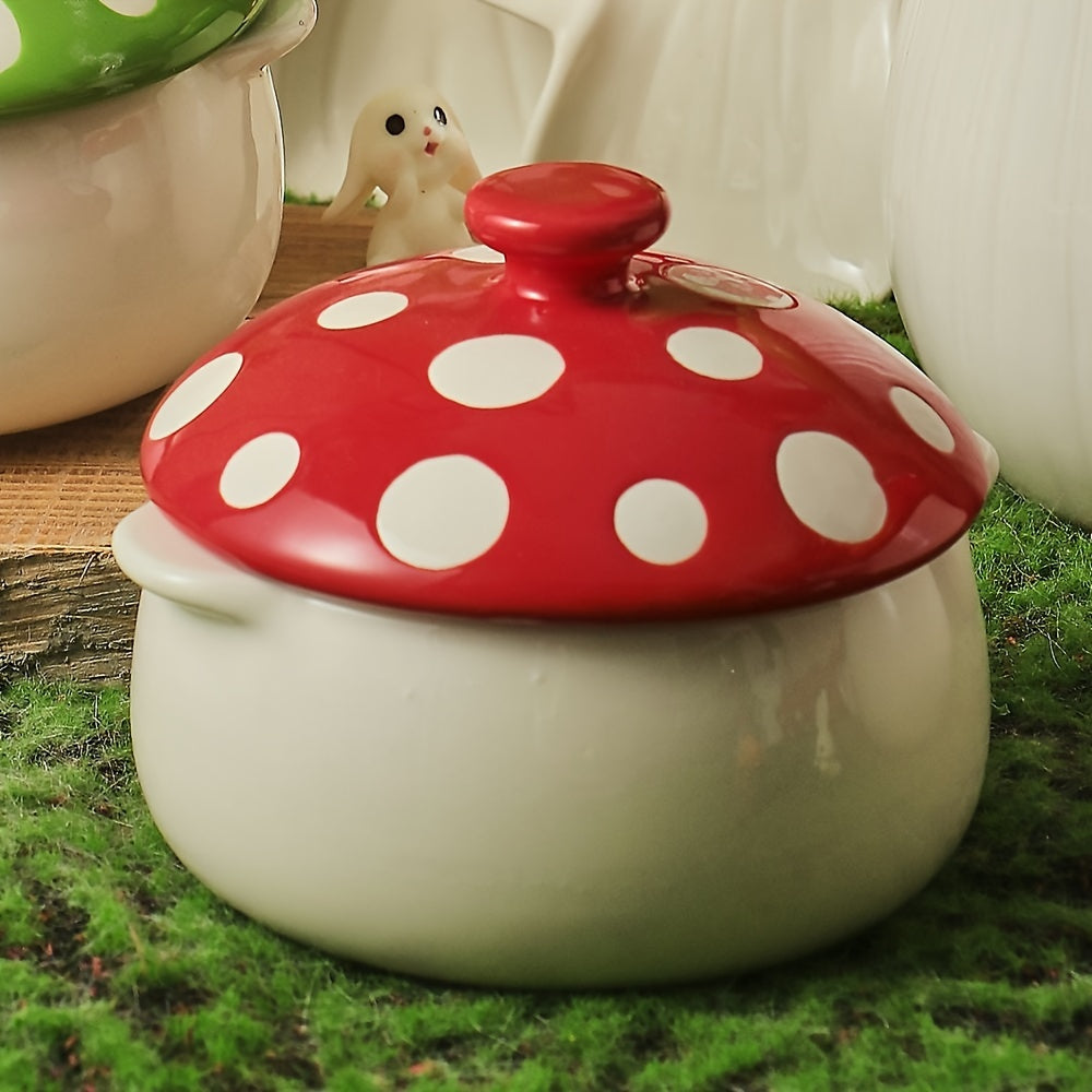 1 pc, Red Mushroom Bowl with Handle, Ceramic Soup Bowl with Lid, Porcelain Soup Pot for French Onion Soup, Pot Pie, Cereal, Chilled Storage, Pasta, Beef Stew, Microwave & Oven Safe