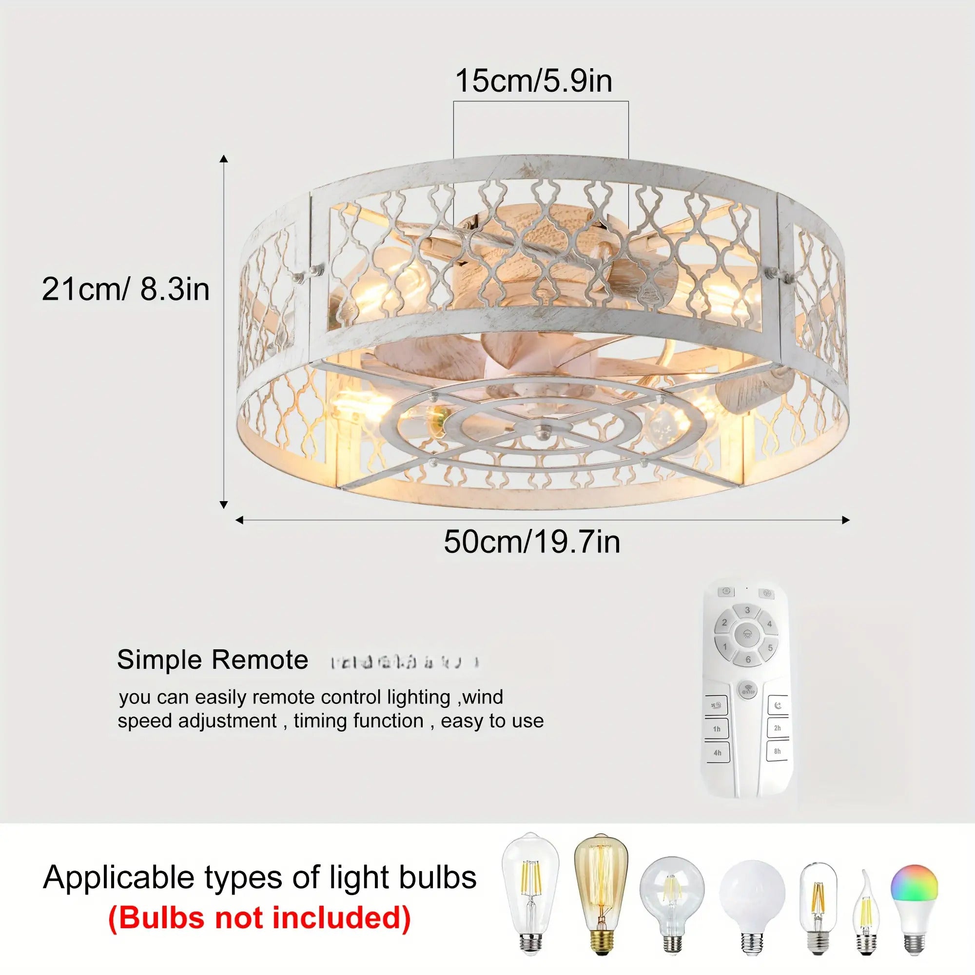 Qcyuui 20 Inch Ceiling Fan with Light - Remote Control, Leaf Design, Farmhouse Style, White and Gold Finish, Semi-Flush Mount, Polished Metal Shade, Infrared Sensor, 110V, Ideal for Bedroom & Dining Room