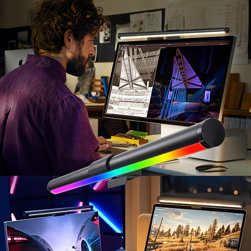 RGBW dual-sided screen light, computer screen ambiance light, indoor lighting tube, desk lamp, three-color adjustable, RGB幻彩, five-button USB wired control, 45-degree adjustable angle, computer light, eye-protection light, reading light
